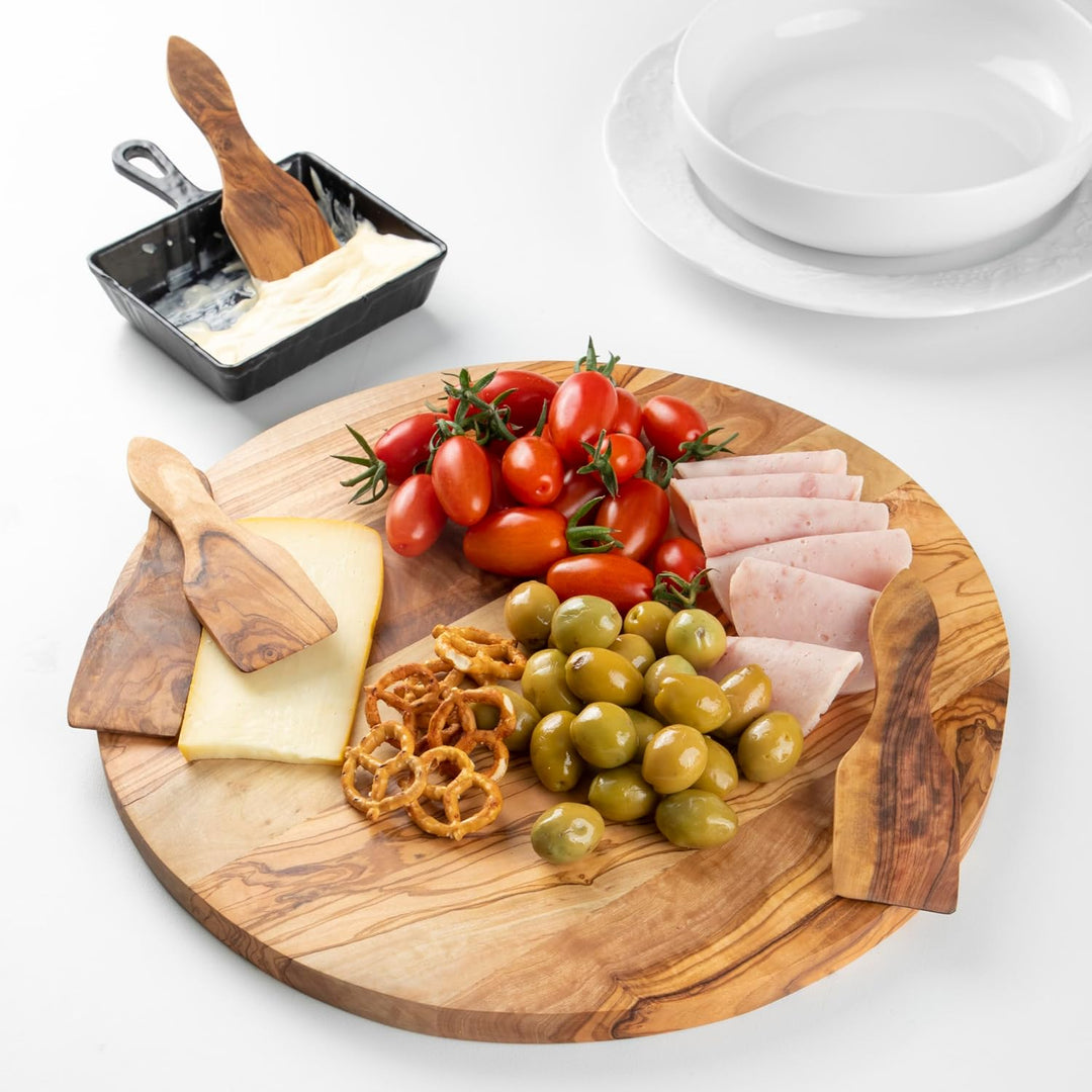 Handgefertigtes rundes Paddelbrett aus Olivenholz – gestreiftes Servierbrett für Käse, Brot und Vors