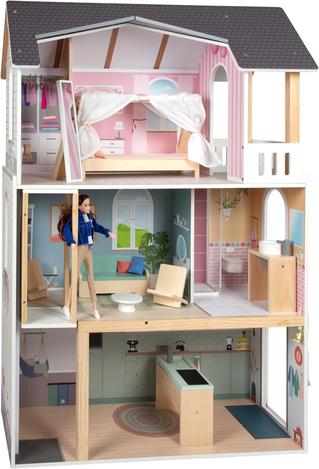 small Foot Puppenhaus Traumvilla XL aus Holz, 3 Etagen mit Aufzug, mit umfangreichem Zubehör, für Mo