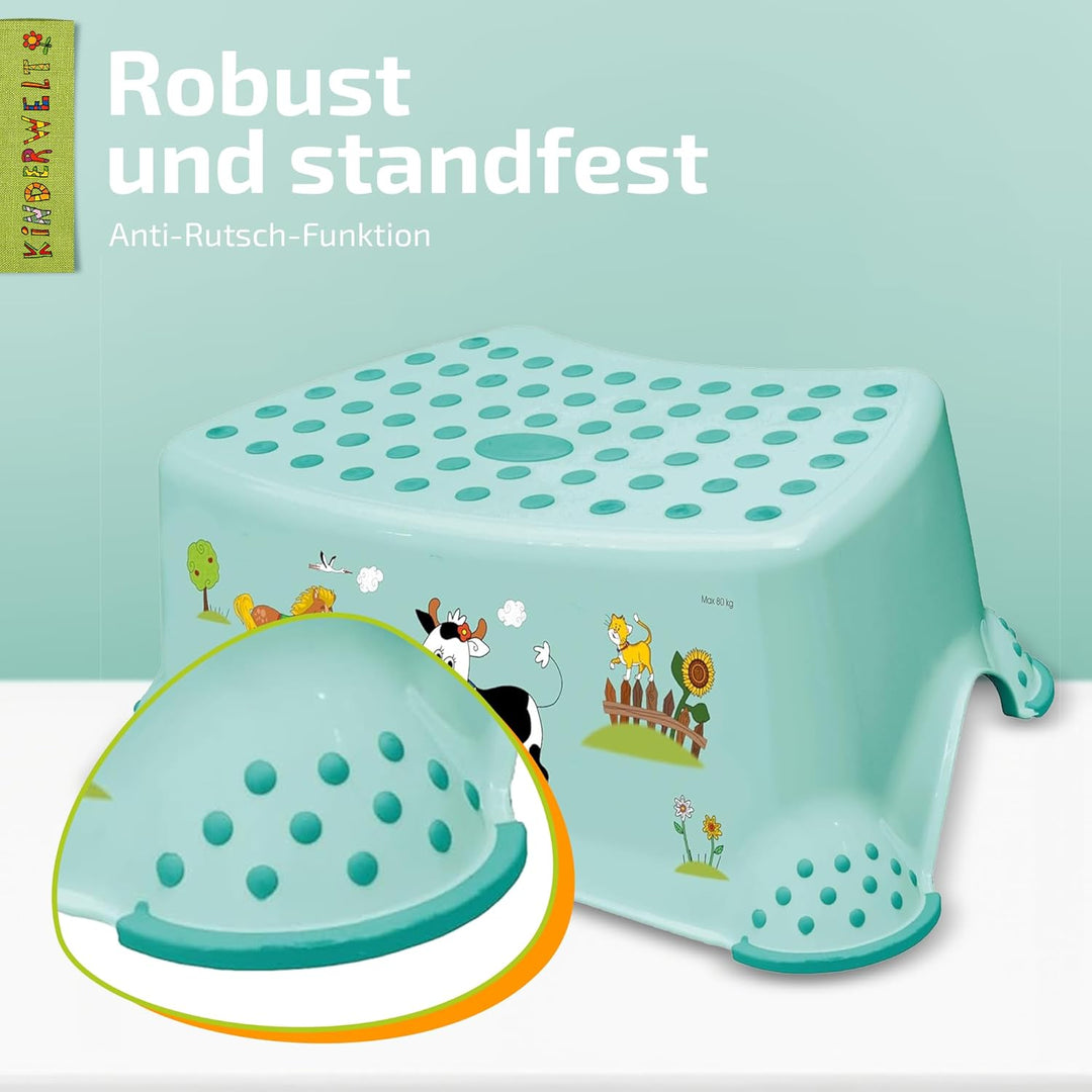 KiNDERWELT Premium Tritthocker für Kinder und Babys, Bauernhof Design in Aquamarin, Tritthocker Stuf