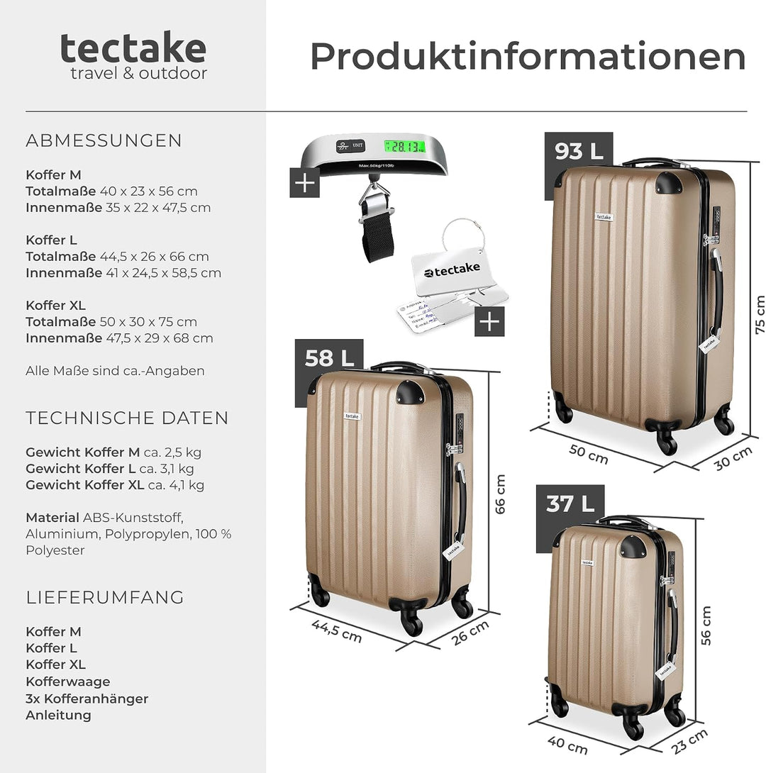 tectake® 3er Kofferset mit Kofferwaage & Kofferanhänger, Reisekoffer Set, ABS Hartschalenkoffer Set,