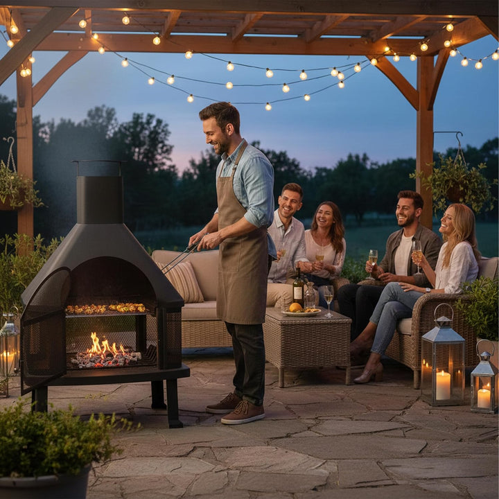 Relaxdays, schwarz Terrassenofen mit Grill, Feuerstelle mit Funkenschutz, Schürhaken, massiv, Stahl,
