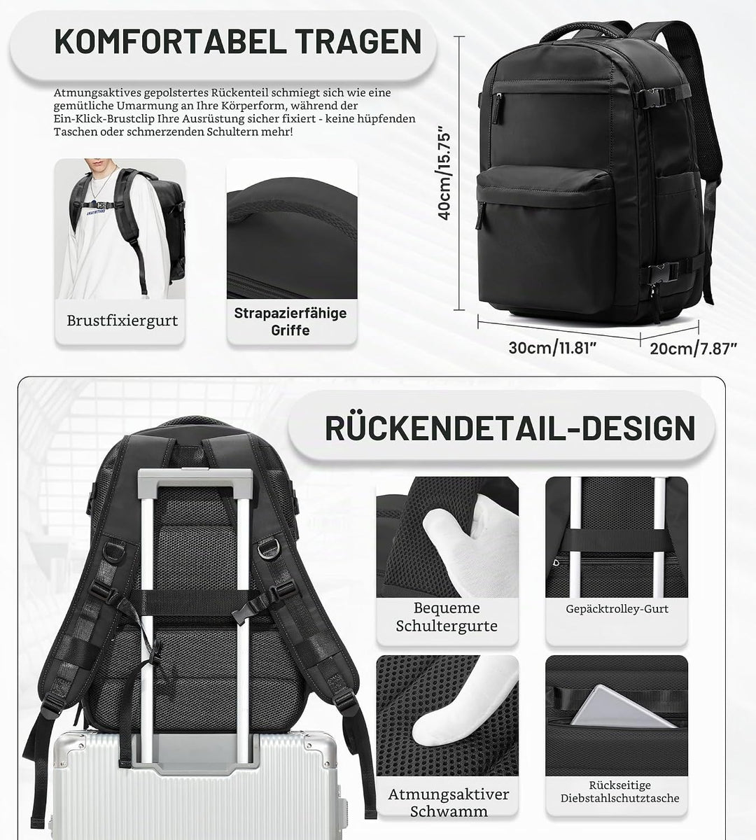 BOXSAM Vakuum Rucksack Handgepäck Flugzeug Tasche Airbag mit Vakuumsystem Reisen Tagesrucksack Ryana