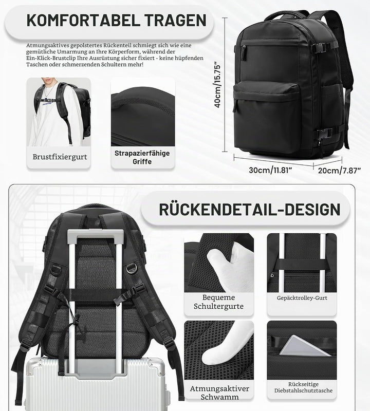 BOXSAM Vakuum Rucksack Handgepäck Flugzeug Tasche Airbag mit Vakuumsystem Reisen Tagesrucksack Ryana