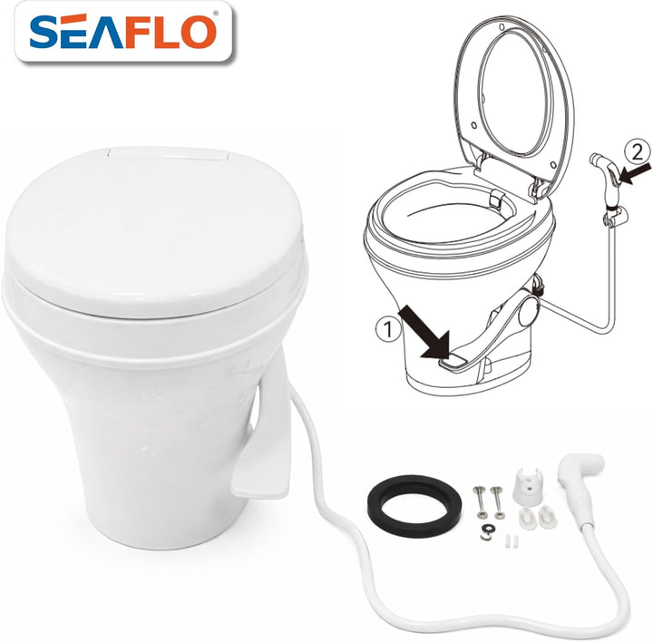 SEAFLO Wohnmobil-WC – Standardhöhe, Schwerkraftspülung, Fusspedal, sanft schliessender Deckel Wohnmo