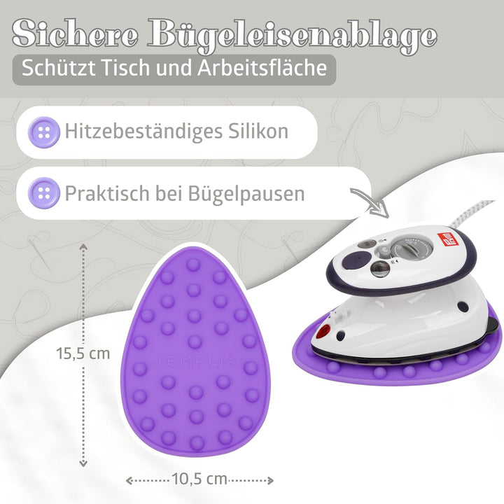 Prym Mini Dampf Bügeleisen Mit SEMPLIX Silikon Ablage (lila) Im Set, Kleines Leichtes Dampf Bügeleis