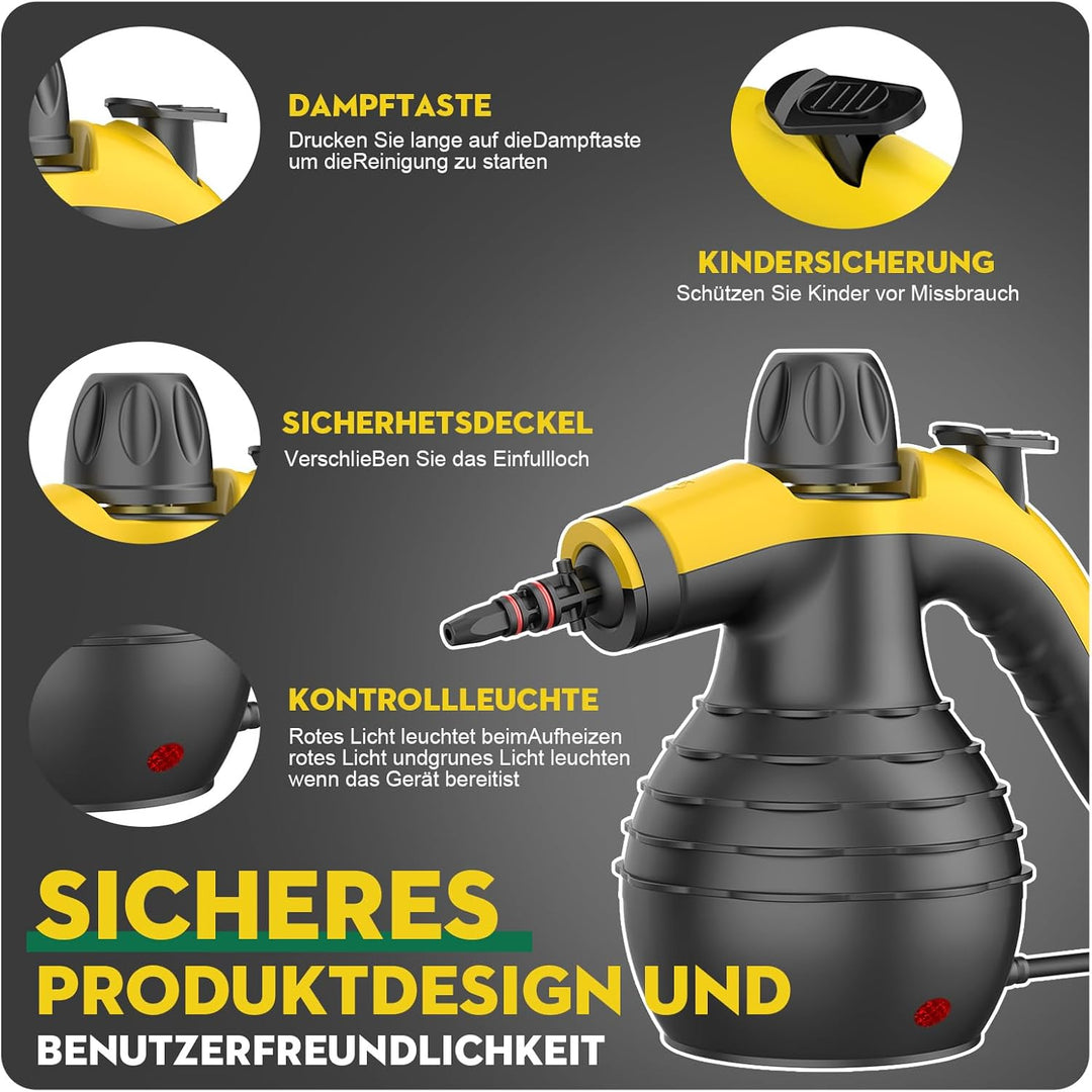 Dampfreiniger, 1050W Hochleistung Dampfreiniger Handgerät, Mit 9 speziellen Fleckenentfernungszubehö