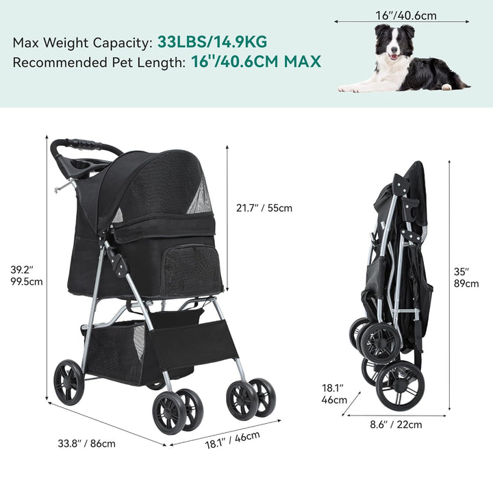 YITAHOME Hundewagen Haustiere Buggy bis 15kg, Hundebuggy mit Netzfenstern & Getränkehalter & Ablagek