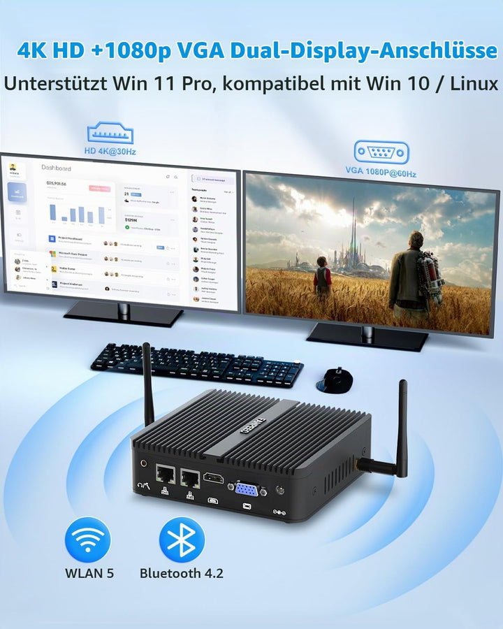 FANPEEC Lüfterloser Mini PC J5005 (bis zu 2,80 GHz) 16GB DDR4 512GB MSATA SSD, Industrie PC HD + VGA