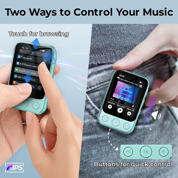 64GB MP3 Player Bluetooth 5.3 mit Clip, Touchscreen &amp; Tasten, Lautsprecher
