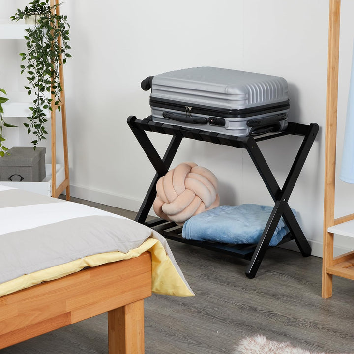 Relaxdays Kofferständer, klappbar, Bambus, HBT: 56x68,5x41,5 cm, Gepäckständer mit Ablage, Kofferabl