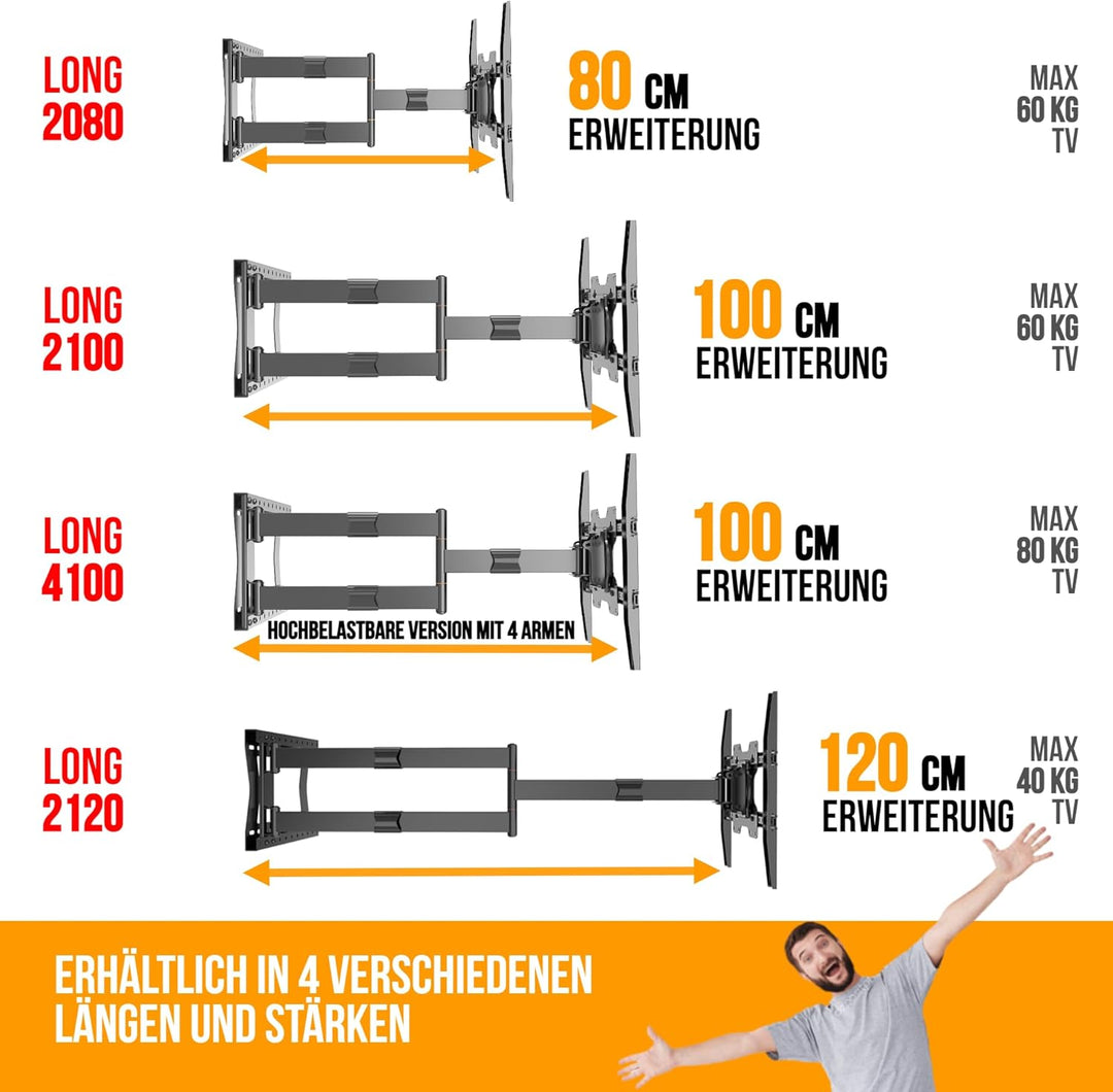 Nanook 4100 Langarm-TV-Wandhalterung für 42-85-Zoll-Fernseher, Extra langer Auszug bis zu 100 cm, St