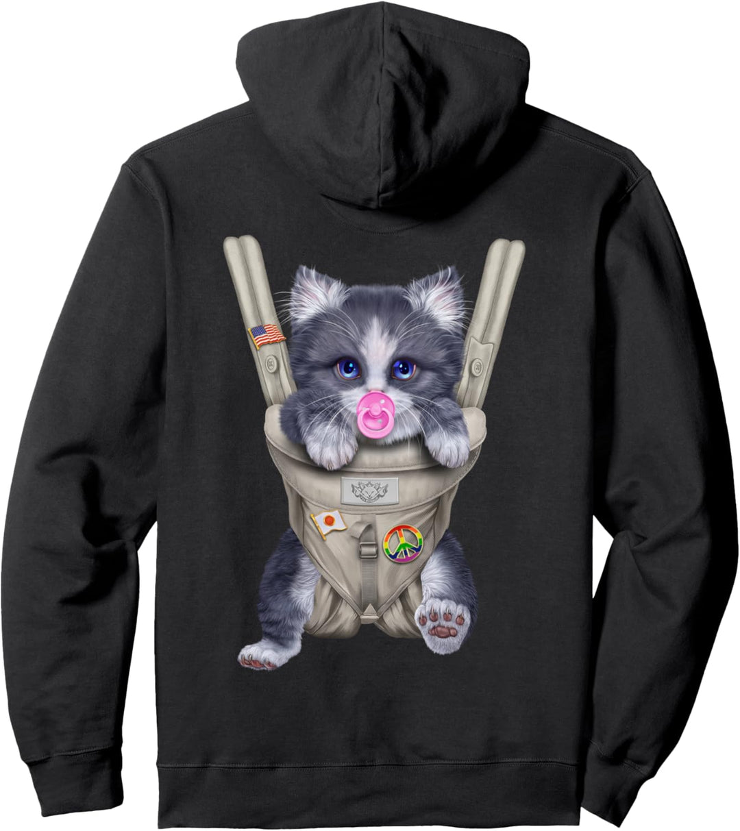 Zweifarbige Katze mit einem Schnuller in der Babytrage Pullover Hoodie