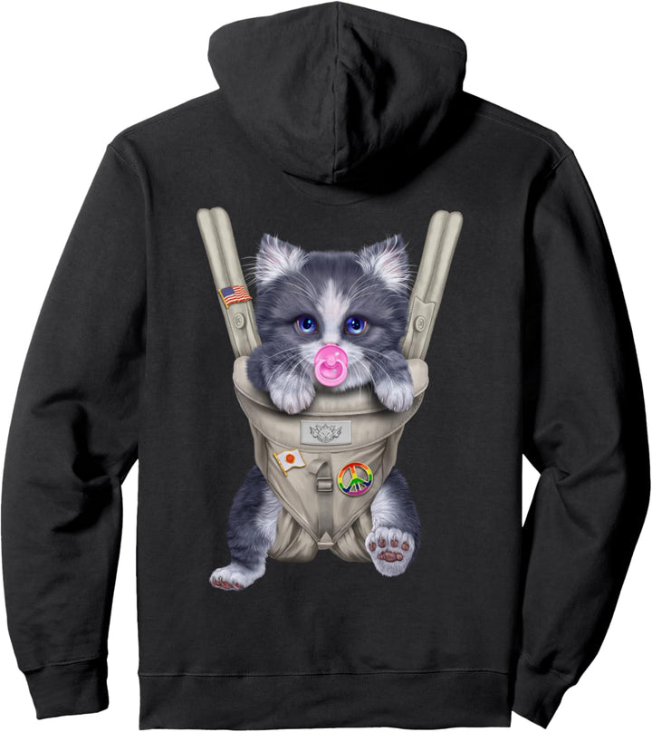 Zweifarbige Katze mit einem Schnuller in der Babytrage Pullover Hoodie