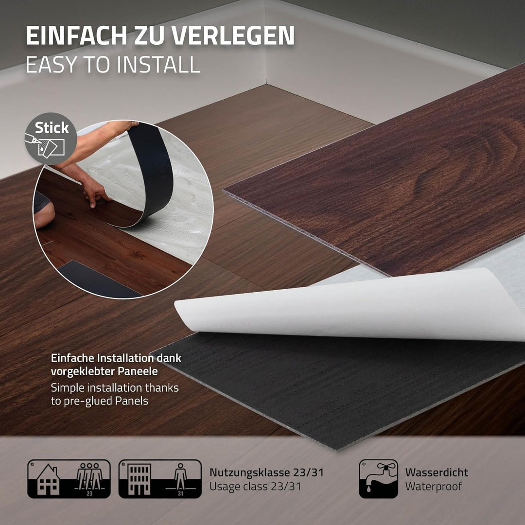 ML-Design Deluxe PVC Bodenbelag, Selbstklebende Vinyl-Dielen, Vinylboden, 91,5 cm x 15,3 cm x 2 mm,
