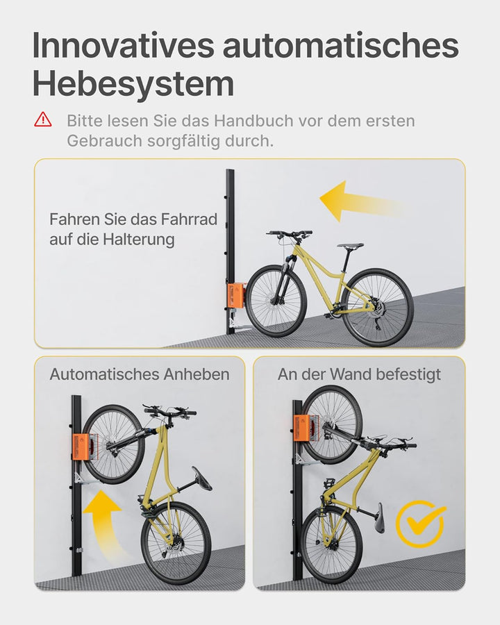 monTEK Automatischer Fahrradlift – Vertikaler Fahrradträger für schwere Fahrräder (bis 32 kg) – Einf