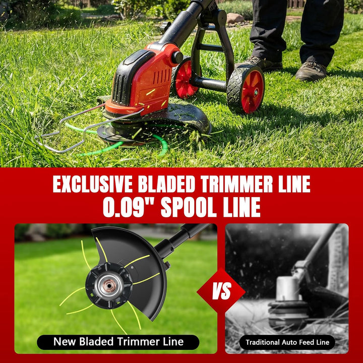 800W Akku Rasentrimmer mit Bürstenlosem Motor, 12 Zoll Schnittbreite, Abnehmbares Hilfsrad, 2 x 3,0