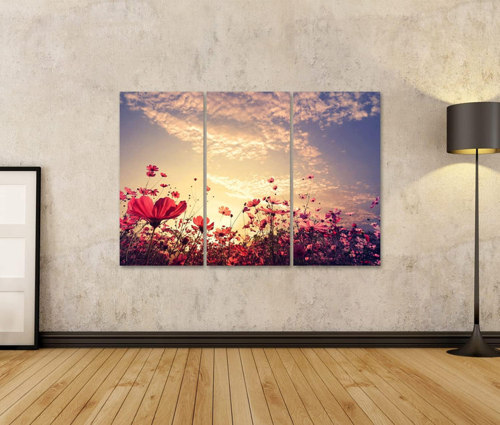 islandburner Bild auf Leinwand Landschaft Natur Schöne Rosa Roten Kosmos Blumenfeld Mit Sonnenschein