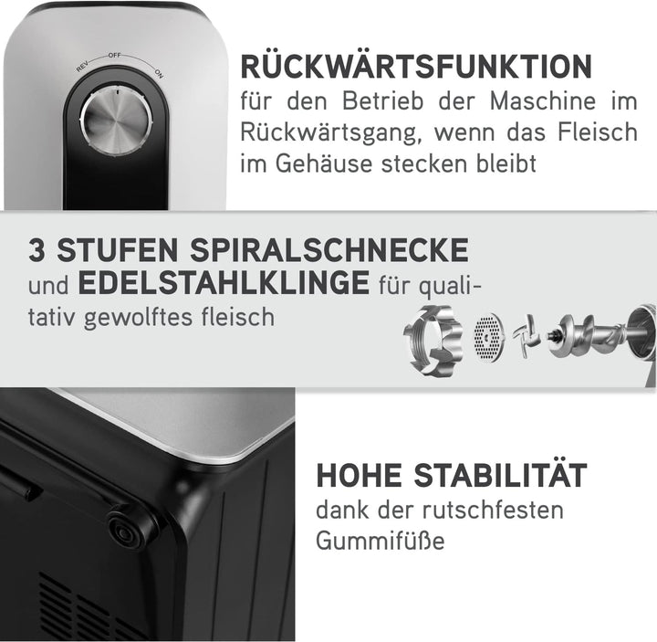 Twinzee - Elektrischer Fleischwolf mit Wurstfüller, Schwarz - Für Fleisch und Wurst - Küchenmaschine