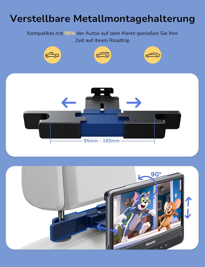 12" DVD Player Auto 2 Bildschirme mit 1080P HDMI-Eingang, Tragbarer Fernseher Kopfstütze 2 Monitore