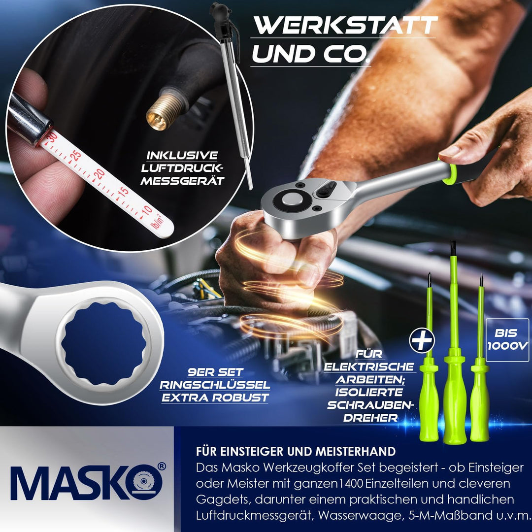 MASKO® Werkzeugkoffer 1400-teilig gefüllt | Werkzeugset im Aluminiumkoffer | Werkzeugkasten mit Roll