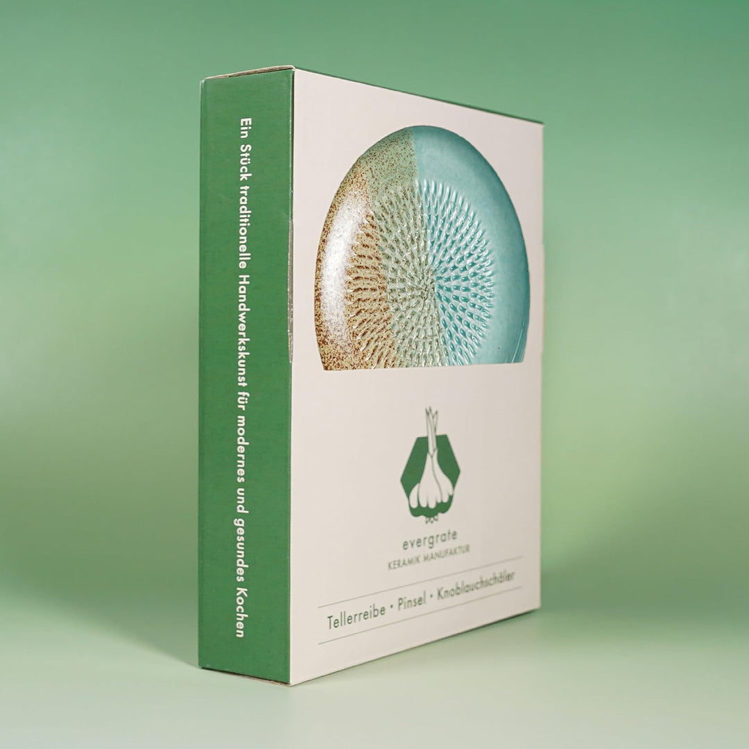 Evergrate® Keramikreibe Beach mit Geschenkbox – mit Reibe, Knoblauchschäler, Rezeptheft & Pinsel – H
