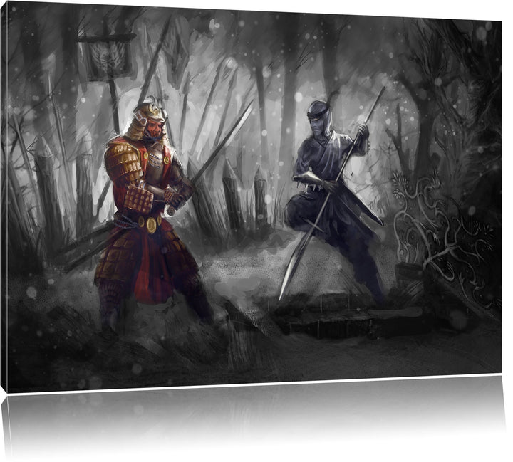 Pixxprint Kampf zwischen Samurai und Ninja B&W Detail, Format: 100x70 auf Leinwand, 100x70