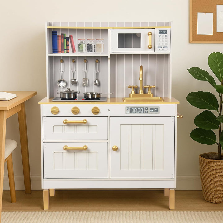 Rosa Hölzerne Kinderküche, Kinderspielküche mit Spüle Herd Backofen, Holzküche Spielzeugküche, Spiel