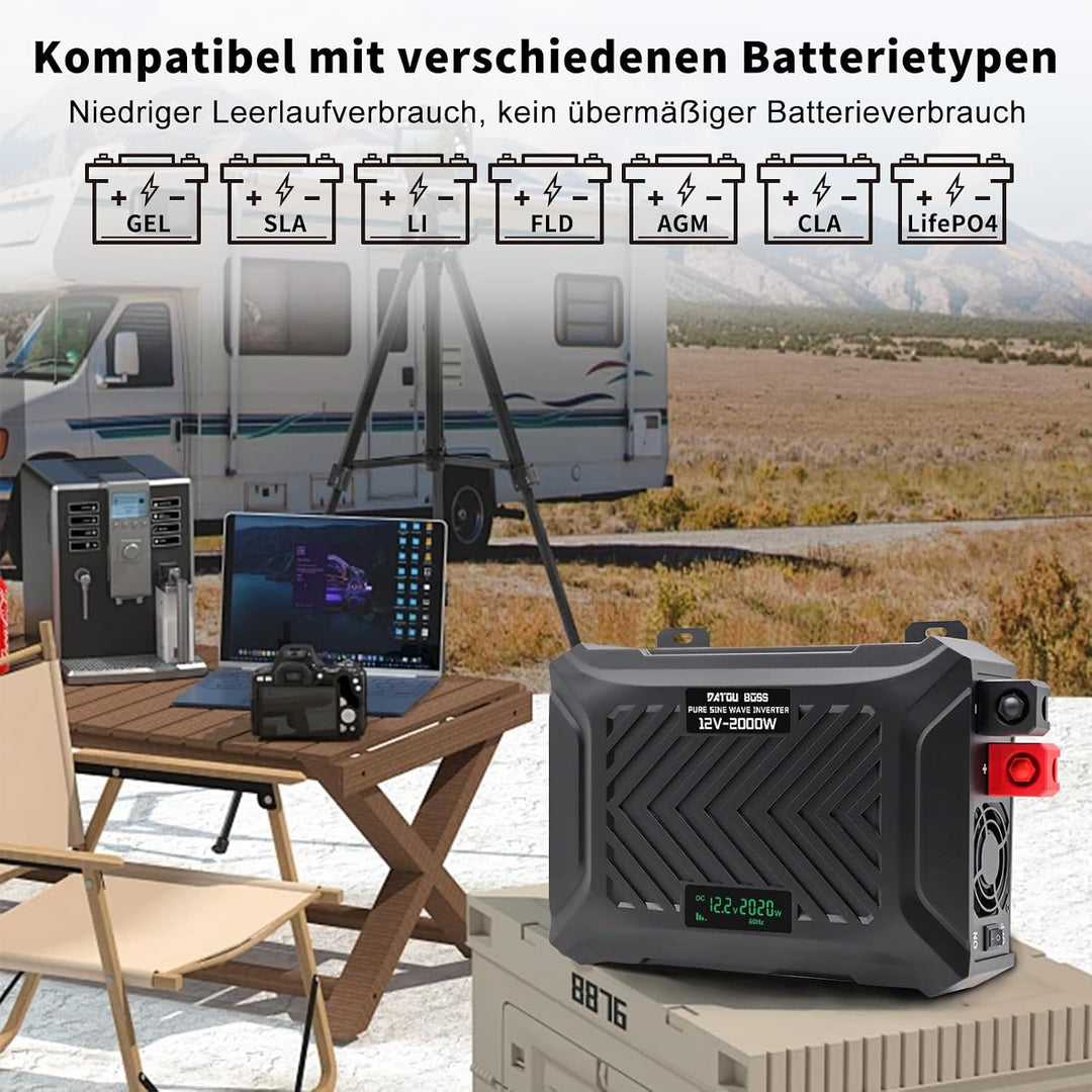 DATOUBOSS Wechselrichter 12v auf 230v Reiner Sinus 2000W/4000W, Wechselrichter 2000w, Spannungswandl