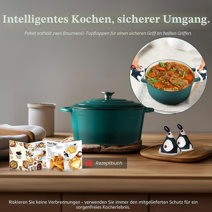 Overmont Bräter emaille Gusseisen Topf - Schmortopf 26cm backofengeeignet - mit Deckel und Kochbuch