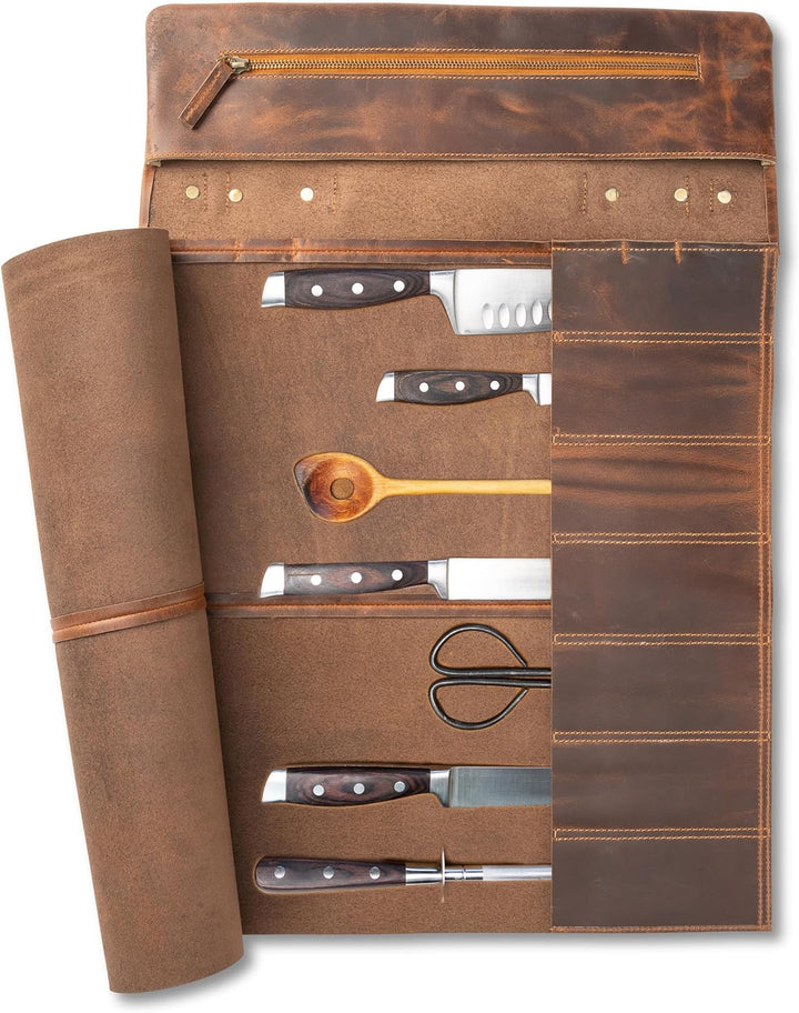 Angus Stoke Messertasche extra gross aus Büffelleder für Köche – Premium Echt-Leder Kochmesserrolle