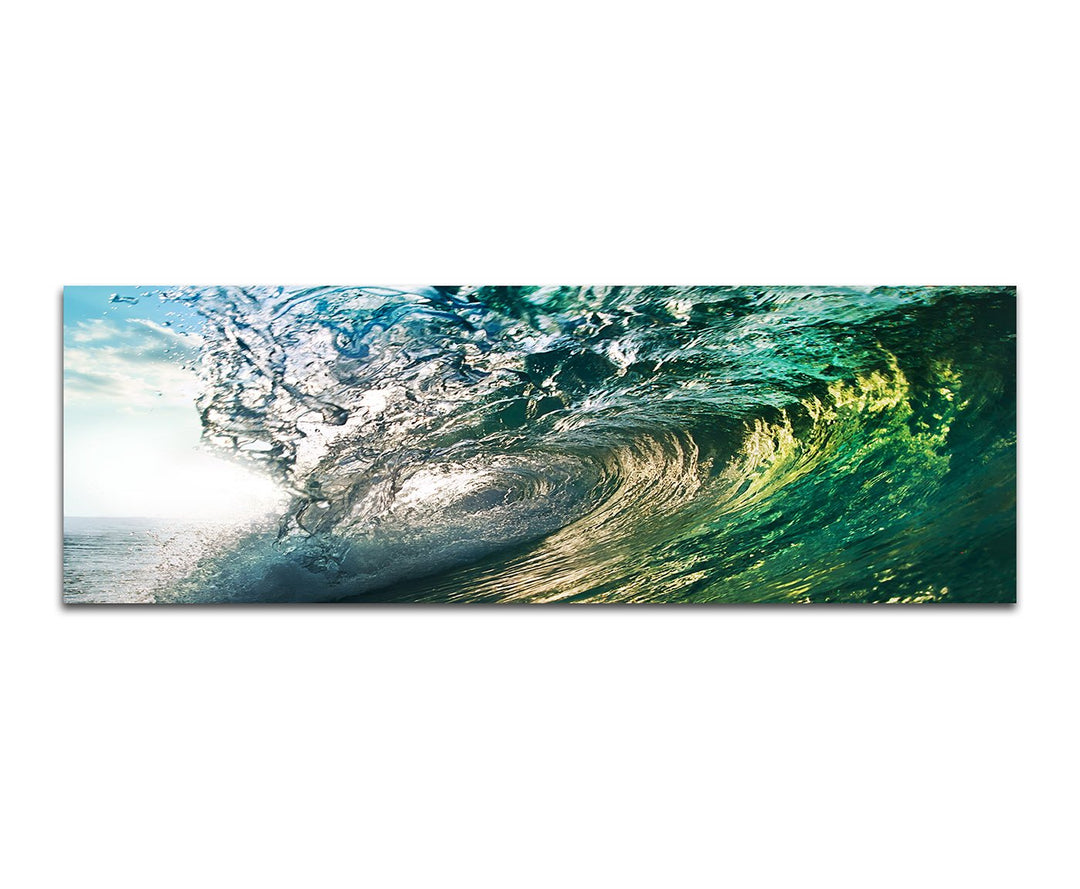 Paul Sinus Art Panoramabild auf Leinwand und Keilrahmen 150x50cm Ozean Welle Sonnenuntergang