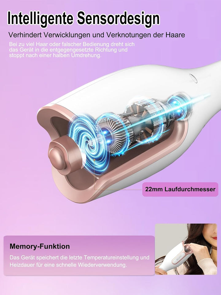 Automatischer Lockenstab mit 3 Zeit- &amp; 4 Temperaturstufen, Salonqualität für alle Haartypen (Weiss)