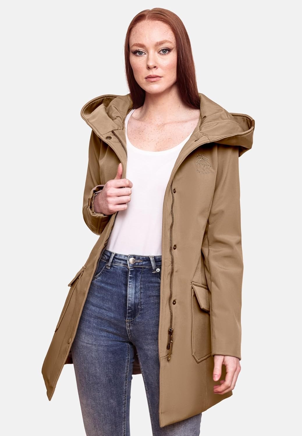 MARIKOO Damen Softshell Jacke Winterjacke wasserabweisend Outdoor lang B856 XS Taupe, XS Taupe