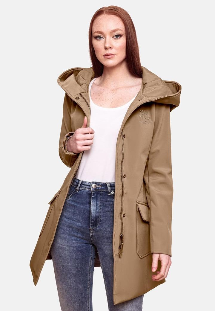 MARIKOO Damen Softshell Jacke Winterjacke wasserabweisend Outdoor lang B856 XS Taupe, XS Taupe