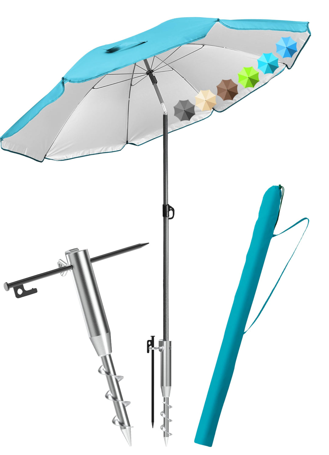 4smile Sonnenschirm Strand SET mit Eindrehbodenhülse, Ø 200 cm, Türkis | Strandschirm Windfest Stabi