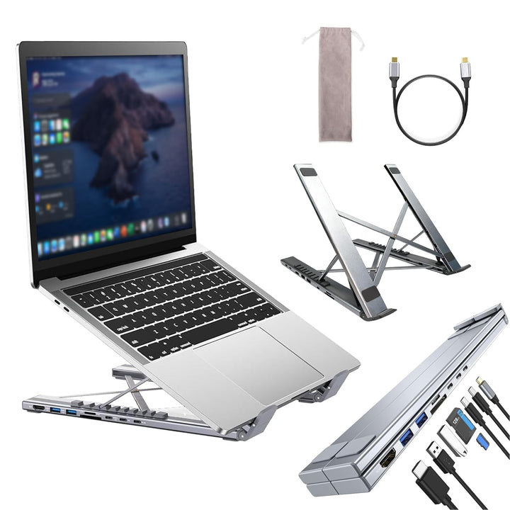 8-in-1 USB-C Laptopständer, Aluminium Laptop Ständer mit 8-in-1 USB C Dockingstation, Faltbarer Stan