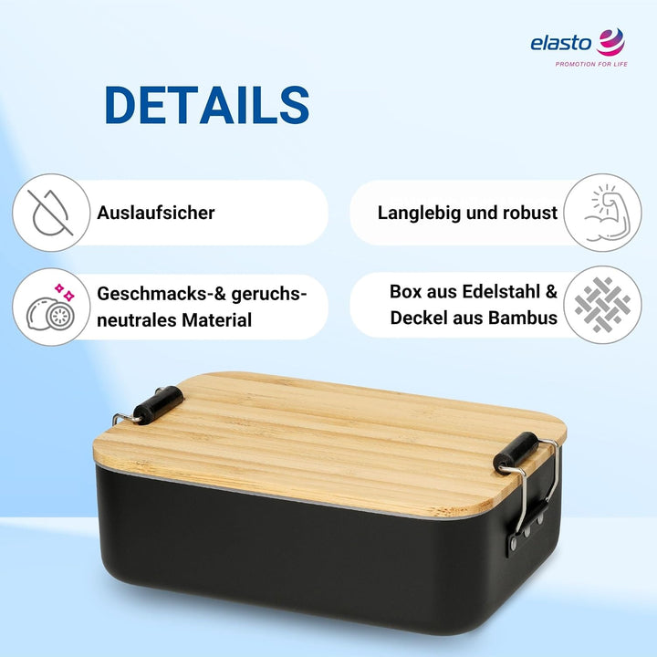 Brotdose Bamboo 900 ml - Bambusdeckel und Aluminiumbehälter in Schwarz | luftdicht, Schule, Büro, Pi