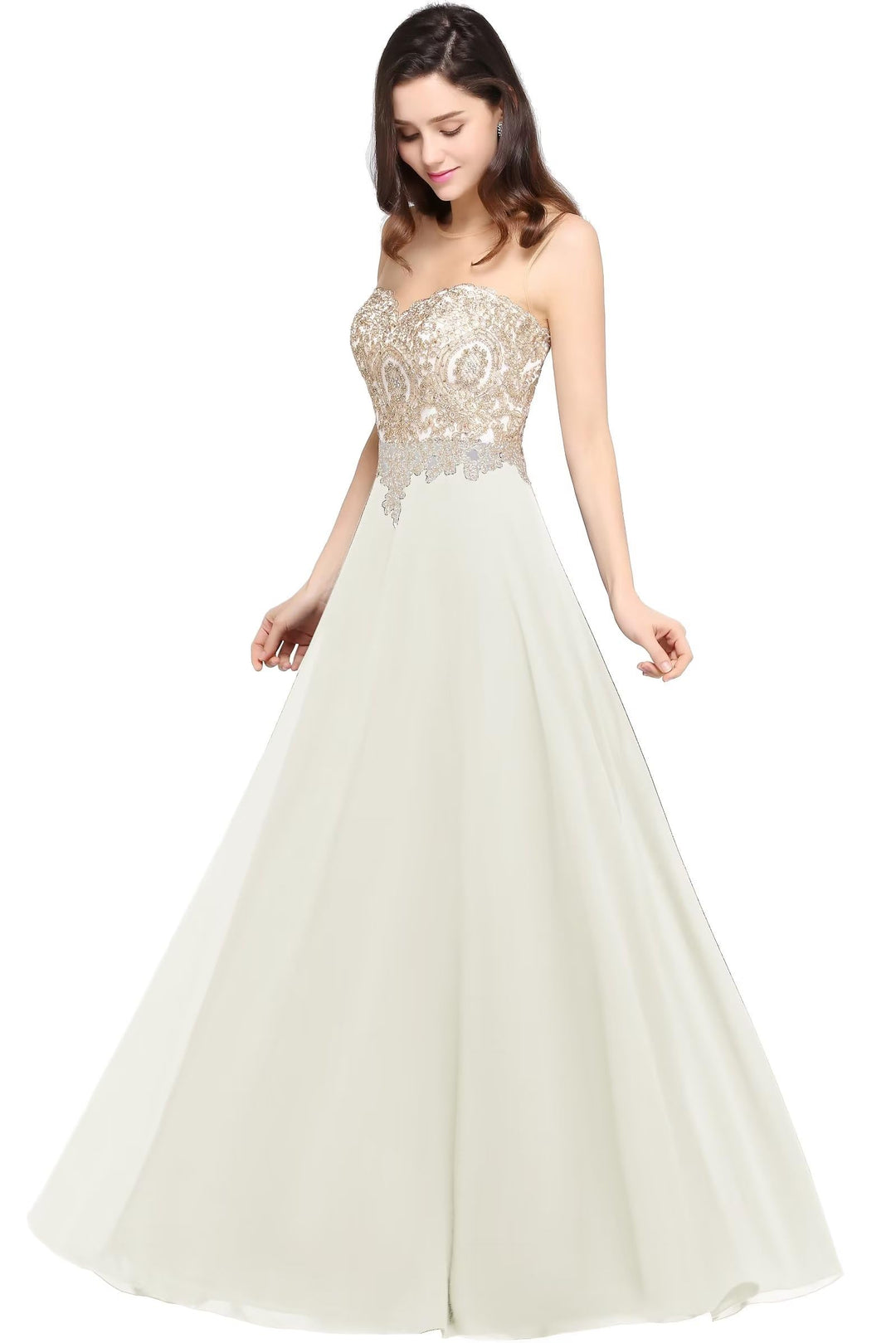 Misshow Abendkleid Chic Lang mit floralen Applikationen aus Chiffon Gr. 30 Elfenbein, 30 Elfenbein