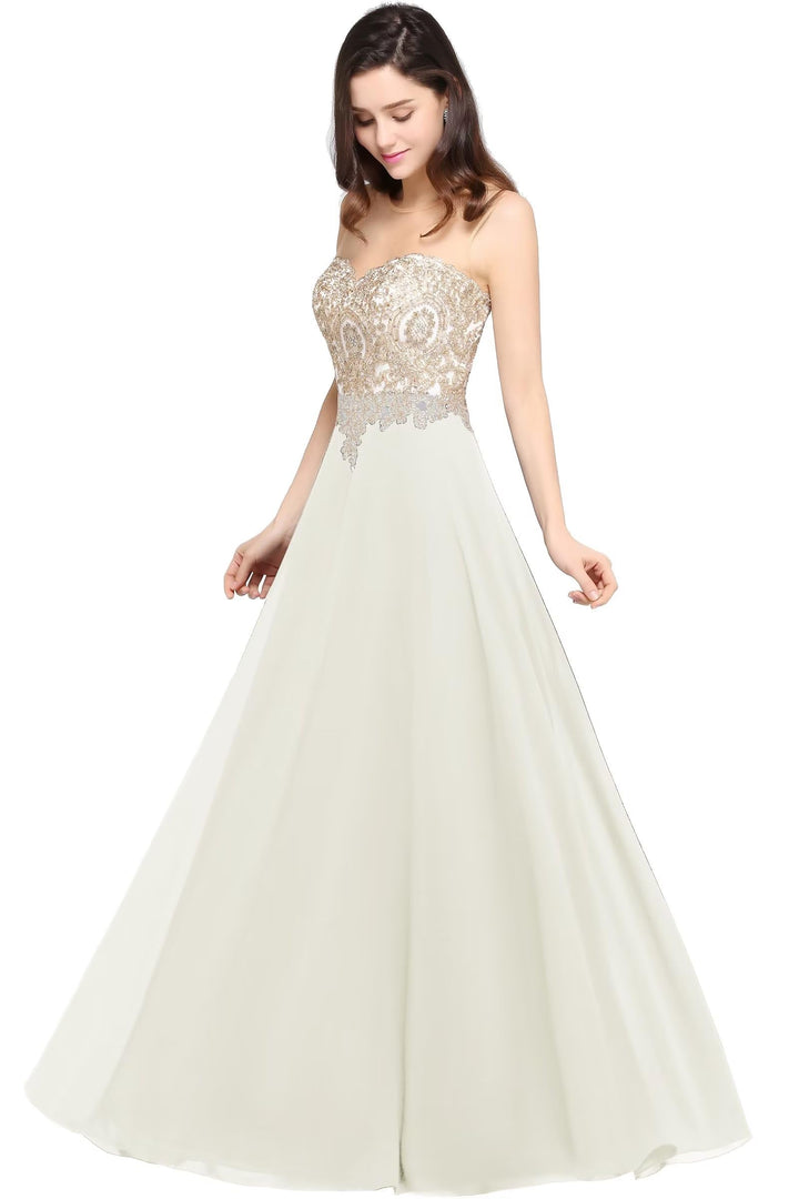 Misshow Abendkleid Chic Lang mit floralen Applikationen aus Chiffon Gr. 30 Elfenbein, 30 Elfenbein