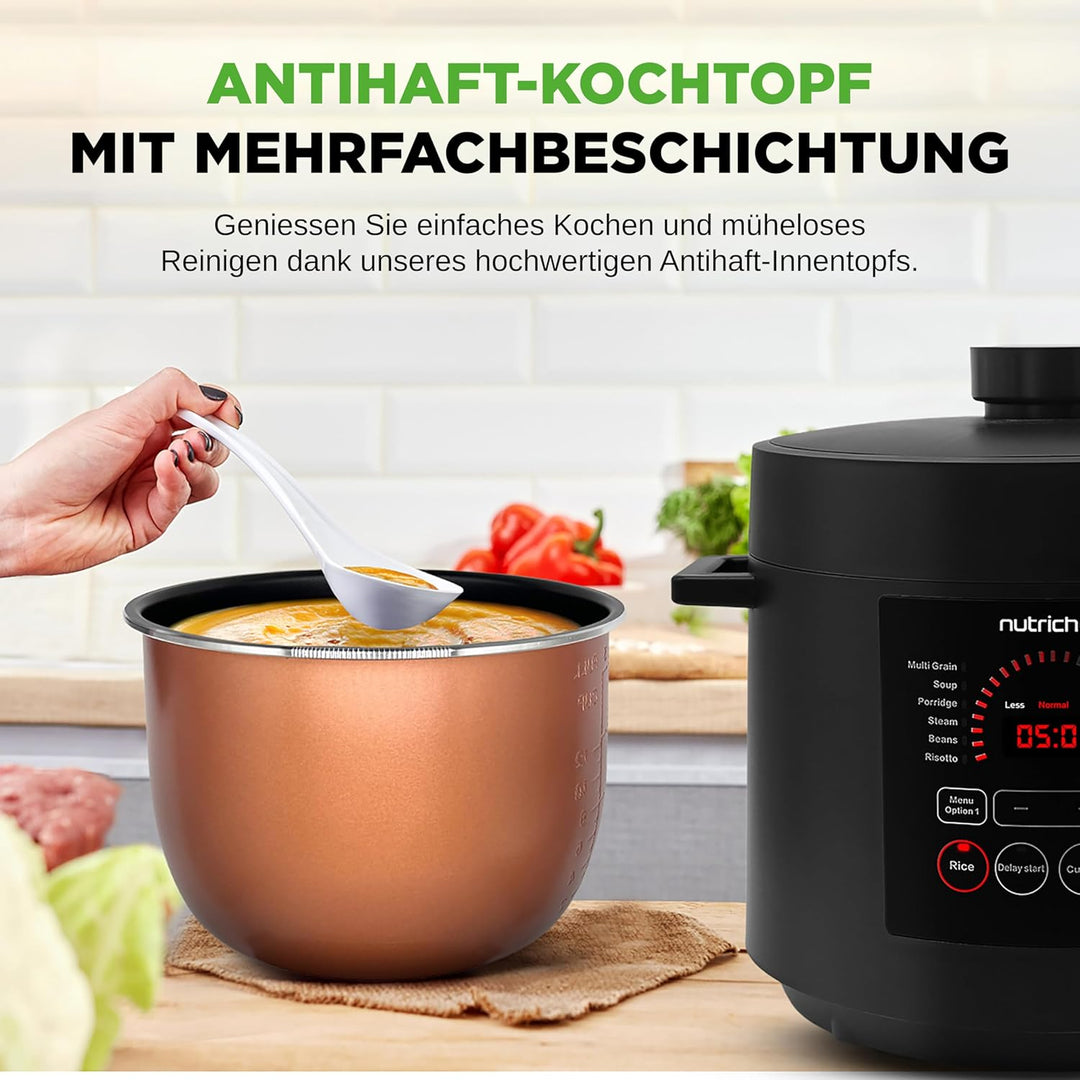 NutriChef Multikocher 5,7 L Elektrischer Schnellkochtopf, 9 Programme, Digitaler Druckkocher, Reisko