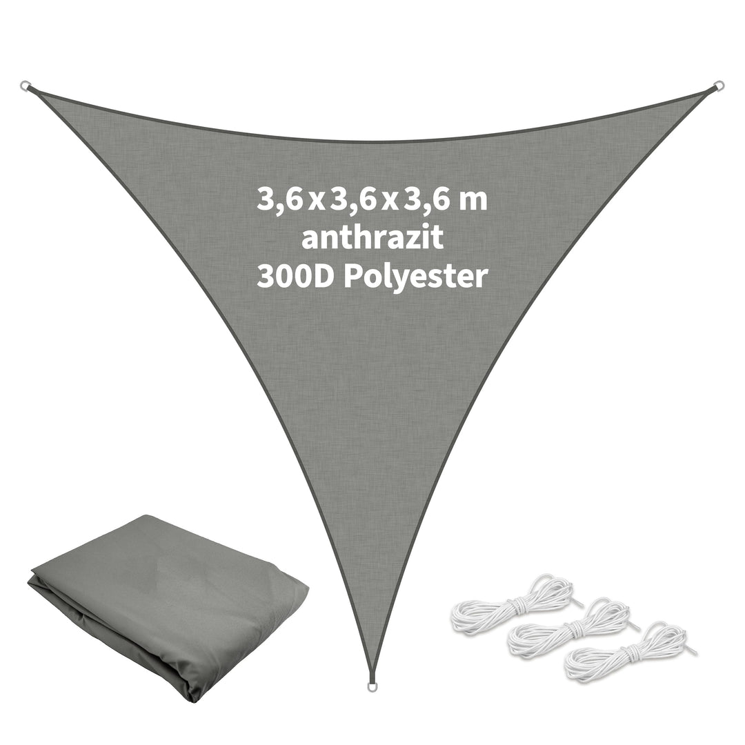 TTL GARDEN 3,6x3,6x3,6m Sonnensegel Dreieck gleichseitig anthrazit - Premium Polyester 300D 160g/m²
