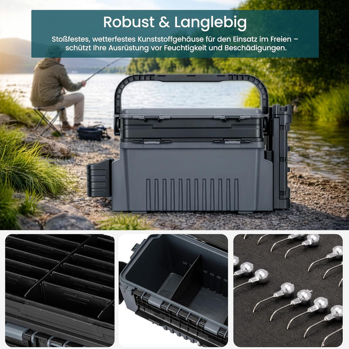 2-stöckig Gross Angelkoffer Tackle Box mit Rutenhalter & Becherhalter, klappbarem Tragegriff, 43×23×