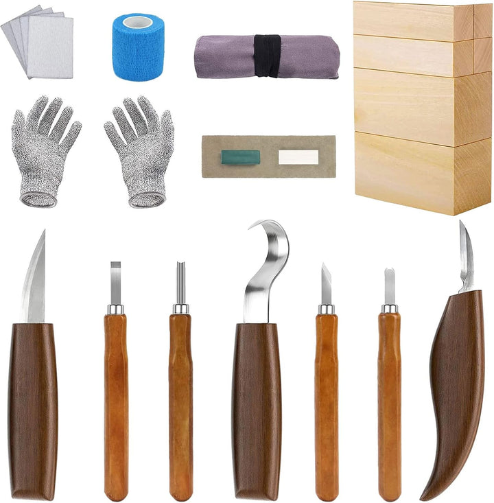 Holz Schnitzwerkzeug Set, KAQ 24 in 1 Schnitzset mit 7*Schnitzmesser, 6 Stück Lindenholz zum Schnitz