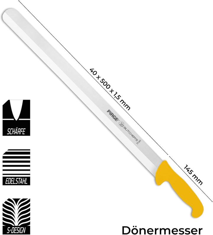 Pirge Butcher's Dönermesser Hohlschliff 50 cm Gelb - Aufschnittmesser - Schärfstes Döner Langmesser