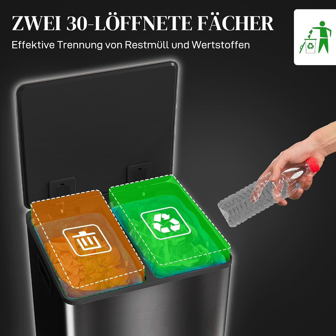 HOMCOM Mülleimer Küche 2x30L Softclose-Deckel Schwarz 47,7x37,5x66,8cm Glänzend Schwarz 2 x 30 L, Gl