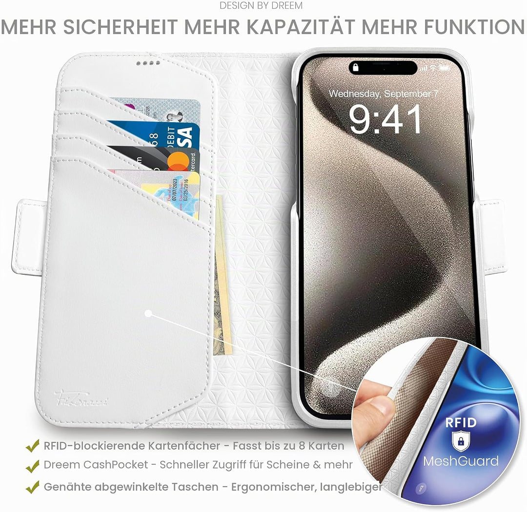 Dreem Lederhülle für iPhone 15 Pro - Revolutionärer Ständer &amp; Kartenfach, Abnehmbare Magnetische Hül