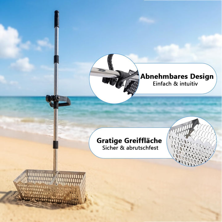 Sandflohrechen für den Strand, Sandschaufel und -sieb aus Edelstahl, extra grosser, 40 cm breiter Re