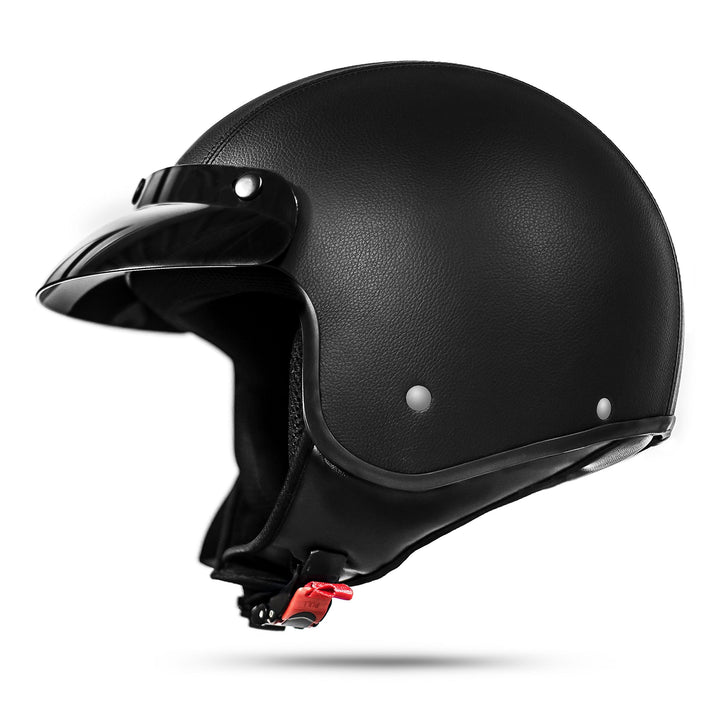 ATO-Moto Classic Kunstleder Jethelm in Schwarz matt - extrem leicht - aktuelle Sicherheitsnorm ECE 2
