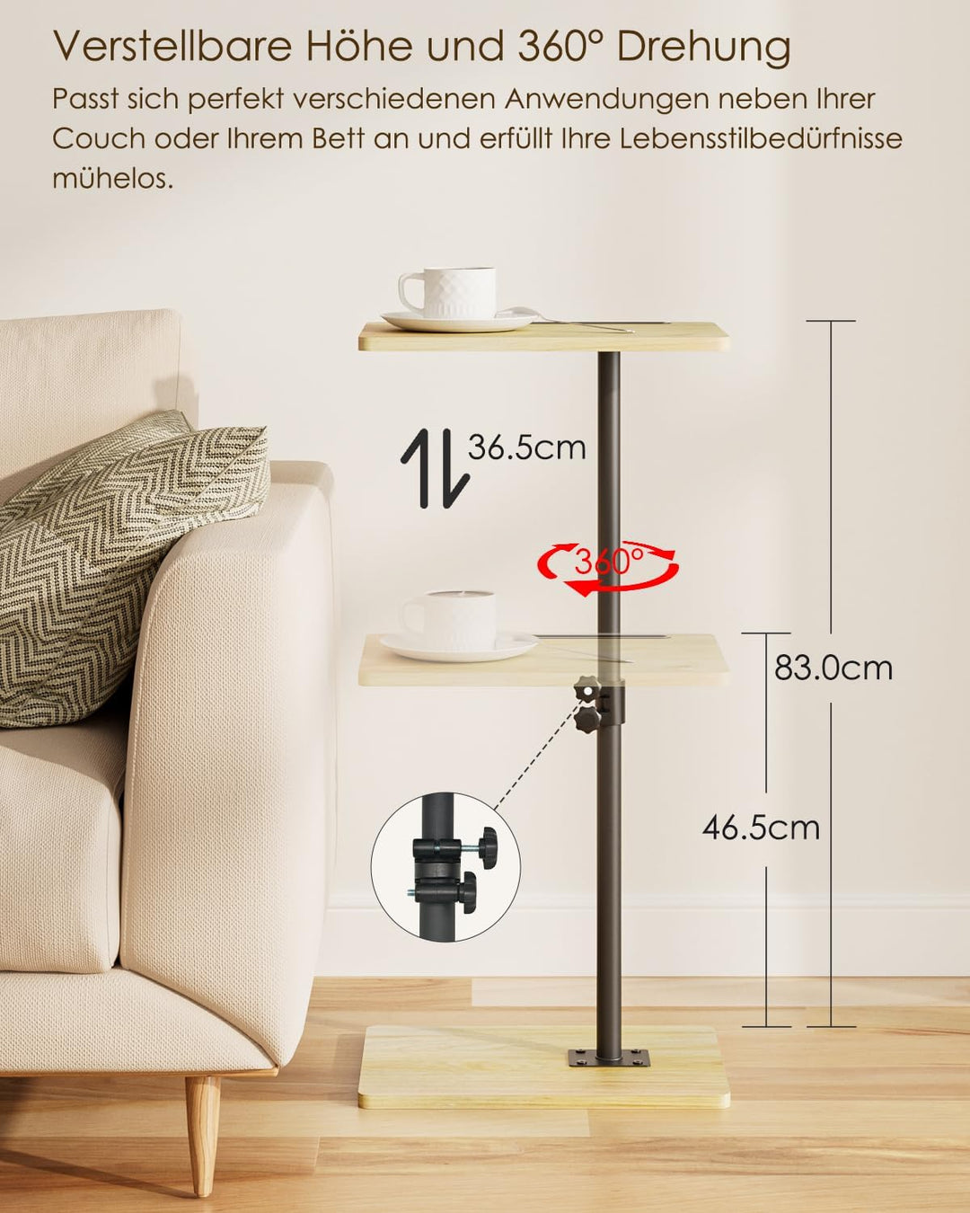 Beistelltisch, C-Form Höhenverstellbar Sofatisch, 360°Rotierend Couchtisch Klein,40x30x(45-81) cm,Ho