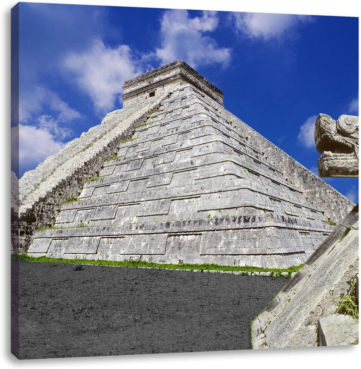 Pixxprint Maya Tempel in Mexiko schwarz/weiss, Format: 70x70 auf Leinwand, 70x70